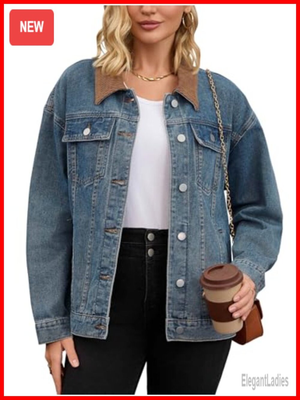 Women's Jean Jacket Button Down Corduroy Collar Long Sleeve Western Shacket